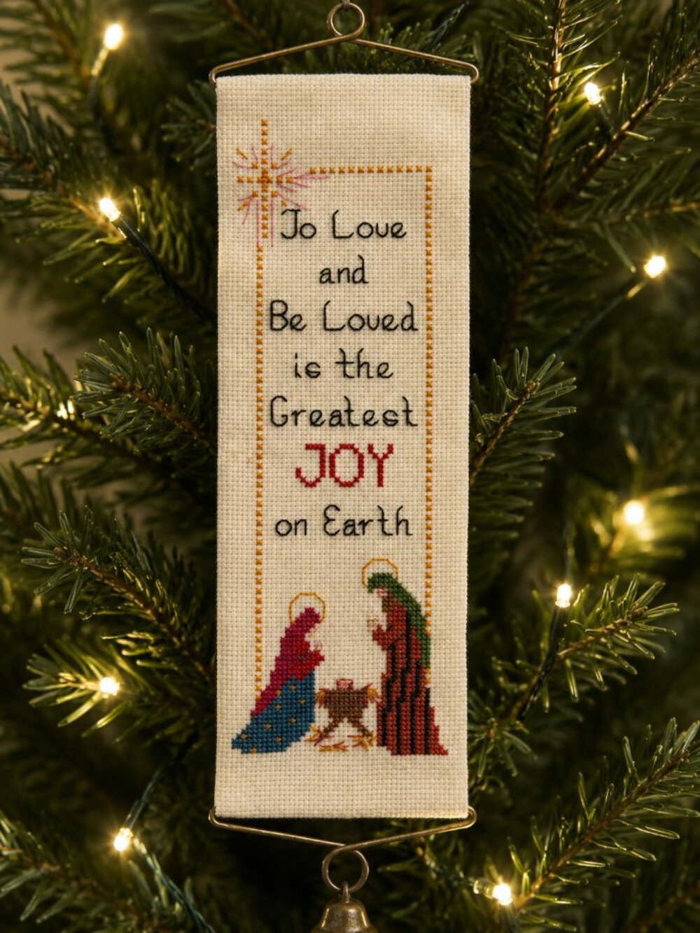 Vintage Handmade Cross Stitch Nativity Wall Hanging with Brass Hanger & Bell – C